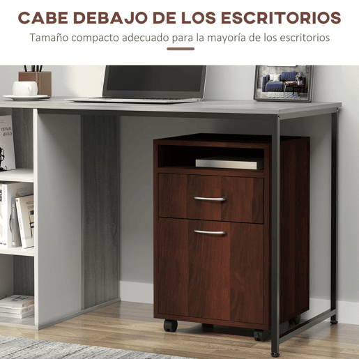 HOMCOM Bloco de Gavetas para Escritório com Rodas Armário de Escritório com Gaveta Compartimento Porta Arquivador Móvel para Escritório ou Sala 40x35x60 cm Castanho Escuro