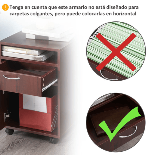 HOMCOM Bloco de Gavetas para Escritório com Rodas Armário de Escritório com Gaveta Compartimento Porta Arquivador Móvel para Escritório ou Sala 40x35x60 cm Castanho Escuro