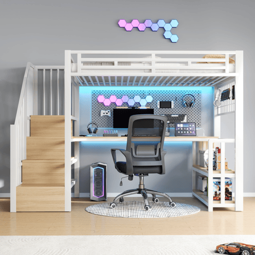 Cama alta 90x200 cm - Estrutura em ferro, secretária, LED, arrumação, USB - Branco Cama alta 90x200 cm - Estrutura em ferro, secretária, LED, arrumação, USB - Branco