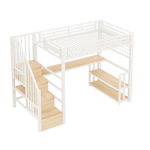 Cama alta 90x200 cm - Estrutura em ferro, secretária, LED, arrumação, USB - Branco Cama alta 90x200 cm - Estrutura em ferro, secretária, LED, arrumação, USB - Branco
