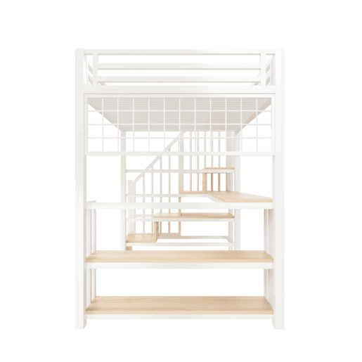 Cama alta 90x200 cm - Estrutura em ferro, secretária, LED, arrumação, USB - Branco Cama alta 90x200 cm - Estrutura em ferro, secretária, LED, arrumação, USB - Branco