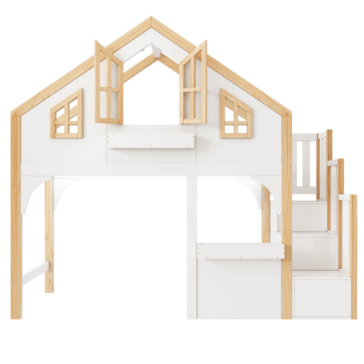 Beliche infantil 90x200 cm - estilo casa com LED e escada com arrumação - branconatural Beliche infantil 90x200 cm - estilo casa com LED e escada com arrumação - branconatural