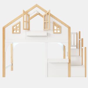 Beliche infantil 90x200 cm - estilo casa com LED e escada com arrumação - branconatural