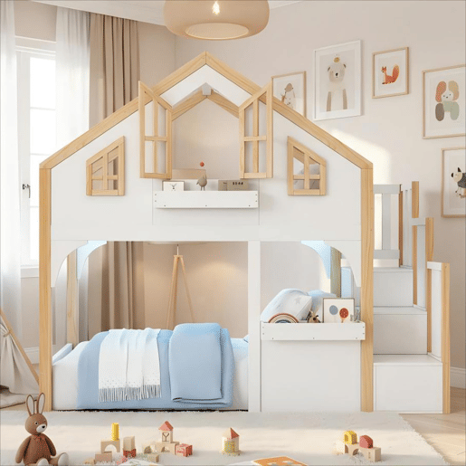 Beliche infantil 90x200 cm - estilo casa com LED e escada com arrumação - branconatural Beliche infantil 90x200 cm - estilo casa com LED e escada com arrumação - branconatural