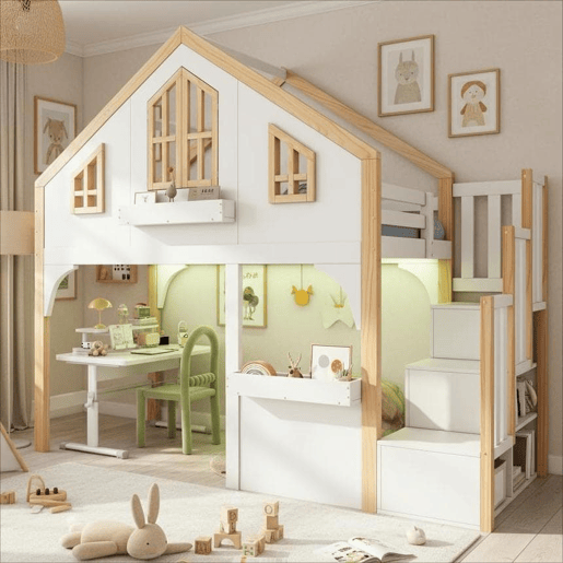 Beliche infantil 90x200 cm - estilo casa com LED e escada com arrumação - branconatural Beliche infantil 90x200 cm - estilo casa com LED e escada com arrumação - branconatural