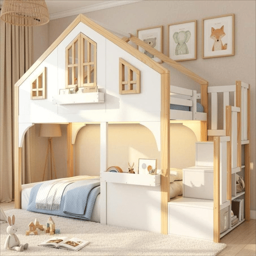 Beliche infantil 90x200 cm - estilo casa com LED e escada com arrumação - branconatural Beliche infantil 90x200 cm - estilo casa com LED e escada com arrumação - branconatural