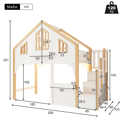 Beliche infantil 90x200 cm - estilo casa com LED e escada com arrumação - branconatural Beliche infantil 90x200 cm - estilo casa com LED e escada com arrumação - branconatural
