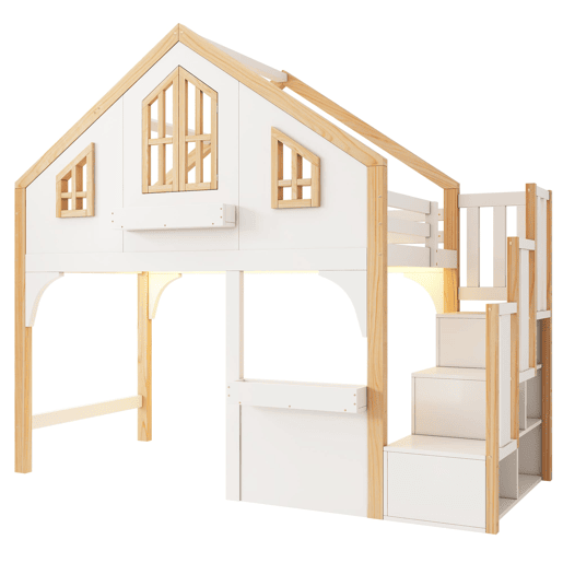 Beliche infantil 90x200 cm - estilo casa com LED e escada com arrumação - branconatural Beliche infantil 90x200 cm - estilo casa com LED e escada com arrumação - branconatural