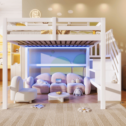 Beliche 140x200 cm - com luzes LED, grande espaço de armazenamento, escada com prateleira, sem colchão - Branco