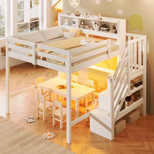 Beliche 140x200 cm - com luzes LED, grande espaço de armazenamento, escada com prateleira, sem colchão - Branco
