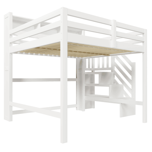 Beliche 140x200 cm - com luzes LED, grande espaço de armazenamento, escada com prateleira, sem colchão - Branco