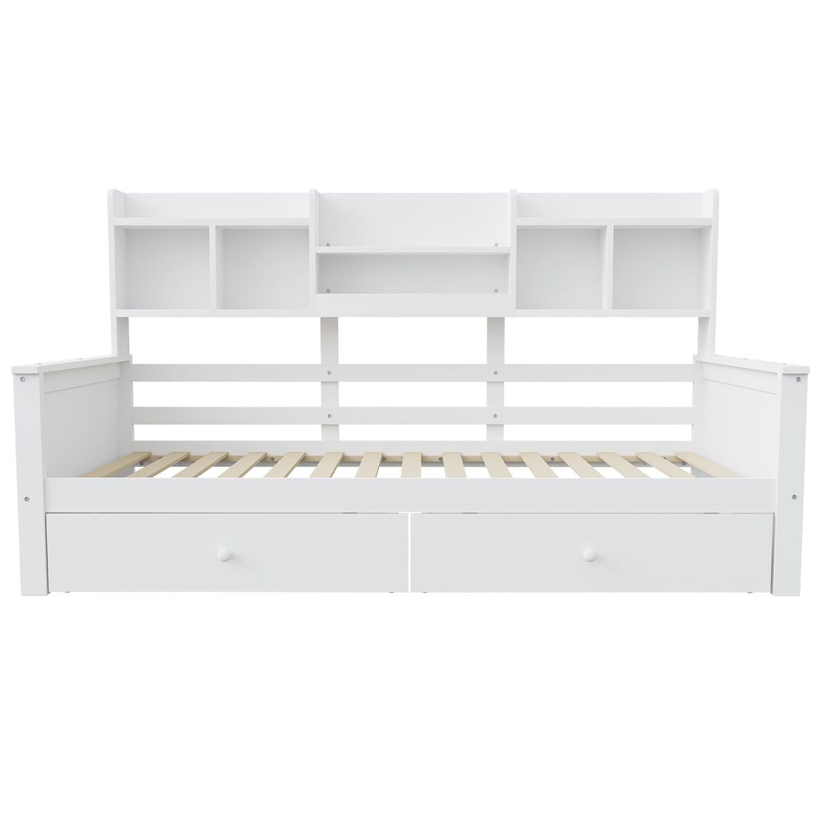 Sofá cama 90x200 - con cajones y estantes, somier, cama infantil/joven, madera maciza - blanco