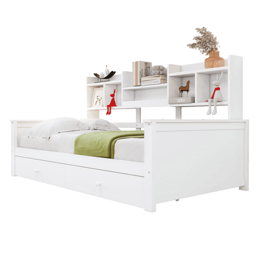 Sofá-cama 90x200 - Com gavetas e prateleiras, estrado, cama infantiljuvenil, madeira maciça - Branco
