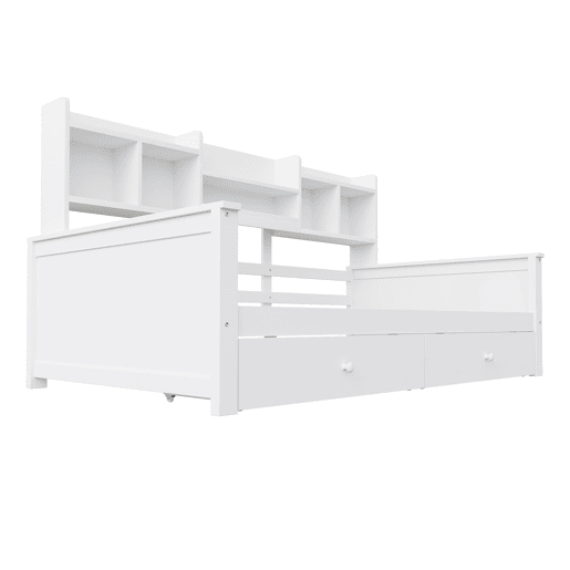 Sofá-cama 90x200 - Com gavetas e prateleiras, estrado, cama infantiljuvenil, madeira maciça - Branco
