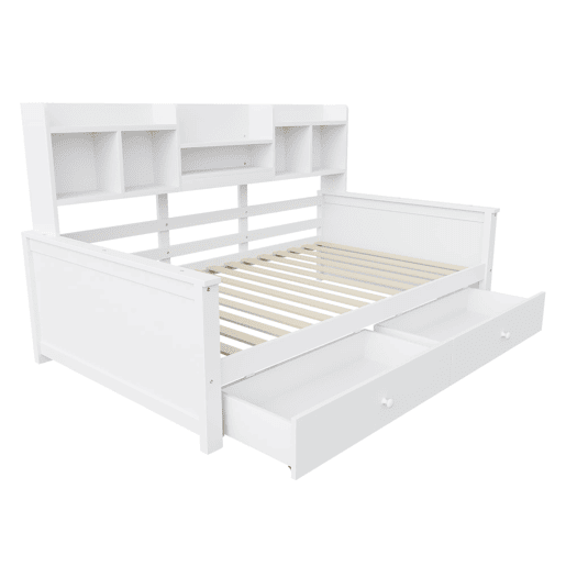 Sofá-cama 90x200 - Com gavetas e prateleiras, estrado, cama infantiljuvenil, madeira maciça - Branco