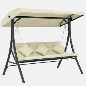 Outsunny Baloiço de Jardim Exterior de 3 Lugares Baloiço com Toldo Ajustável Almofadas e Estrutura de Aço para Terraço ou Jardim Suporta até 320 kg 202x115x168 cm Bege