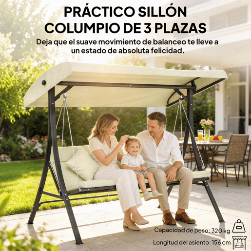 Outsunny Baloiço de Jardim Exterior de 3 Lugares Baloiço com Toldo Ajustável Almofadas e Estrutura de Aço para Terraço ou Jardim Suporta até 320 kg 202x115x168 cm Bege
