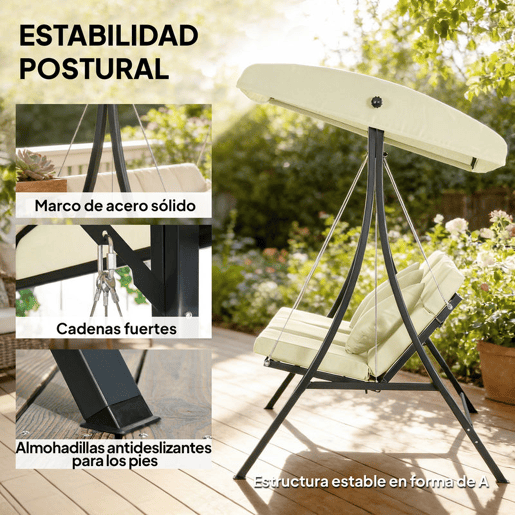 Outsunny Baloiço de Jardim Exterior de 3 Lugares Baloiço com Toldo Ajustável Almofadas e Estrutura de Aço para Terraço ou Jardim Suporta até 320 kg 202x115x168 cm Bege