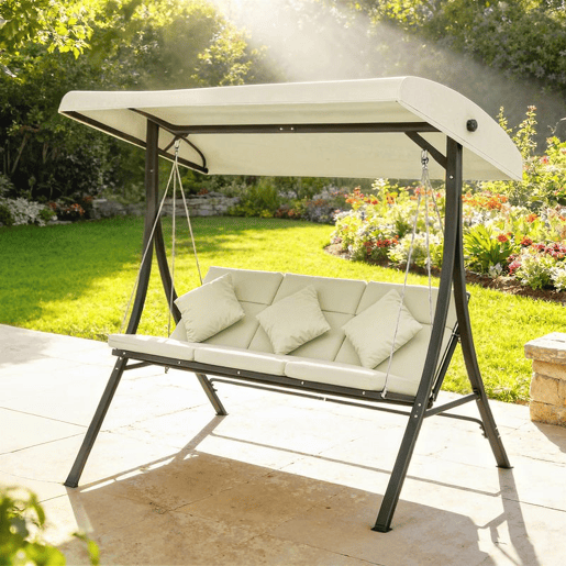 Outsunny Baloiço de Jardim Exterior de 3 Lugares Baloiço com Toldo Ajustável Almofadas e Estrutura de Aço para Terraço ou Jardim Suporta até 320 kg 202x115x168 cm Bege