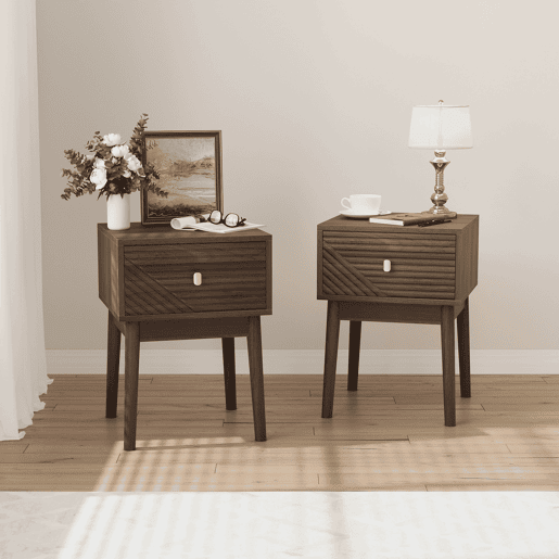Mesa de cabeceira 40x40x55 cm - 2 unidades, design Mid-Century, puxadores metálicos - Nogueira