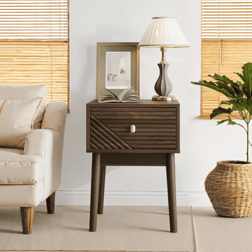 Mesa de cabeceira 40x40x55 cm - 2 unidades, design Mid-Century, puxadores metálicos - Nogueira