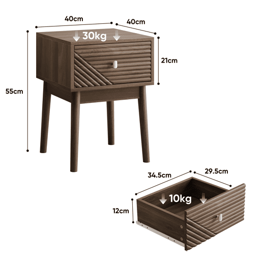 Mesa de cabeceira 40x40x55 cm - 2 unidades, design Mid-Century, puxadores metálicos - Nogueira