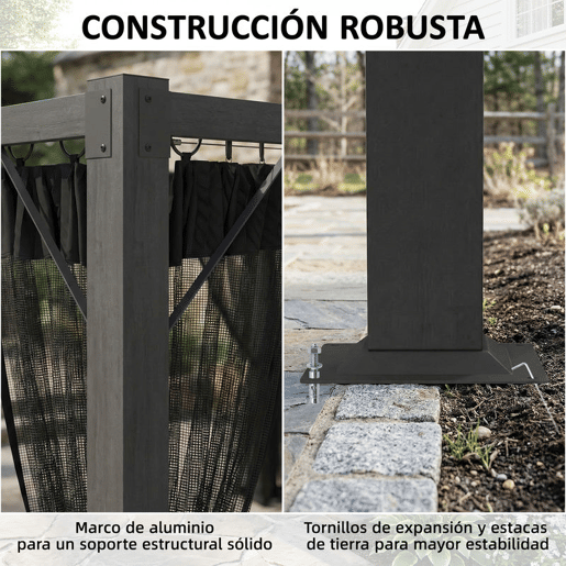 Outsunny Pérgola de Jardim 3x4 m com Teto Retrátil e 4 Paredes Laterais em Rede, Toldo de Jardim com Estrutura de Alumínio, UPF30+, Pavilhão para Exterior, Terraço Cinzento Escuro
