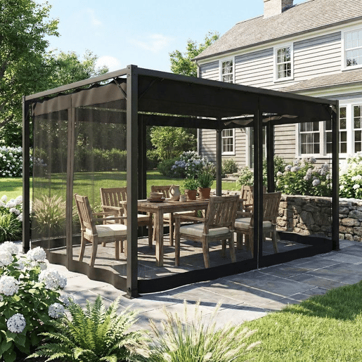 Outsunny Pérgola de Jardim 3x4 m com Teto Retrátil e 4 Paredes Laterais em Rede, Toldo de Jardim com Estrutura de Alumínio, UPF30+, Pavilhão para Exterior, Terraço Cinzento Escuro