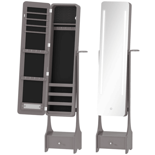 HOMCOM Armário de Joias com Espelho e Luzes LED, Suporte para Secador, Espelho de Corpo Inteiro sem Moldura com Ângulo Ajustável, Gaveta, Interruptor Tátil e Luzes com Desligamento Automático, Cinzento