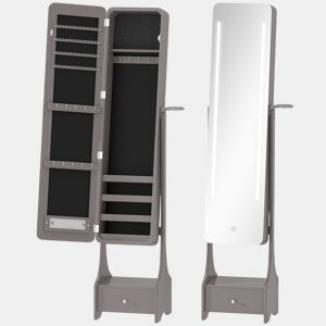 HOMCOM Armário de Joias com Espelho e Luzes LED, Suporte para Secador, Espelho de Corpo Inteiro sem Moldura com Ângulo Ajustável, Gaveta, Interruptor Tátil e Luzes com Desligamento Automático, Cinzento