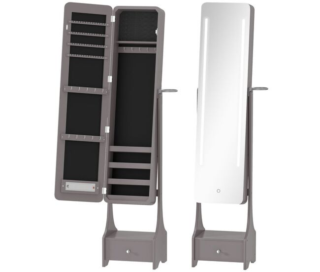 Homcom espejo joyero con luces led, armario joyero con soporte para secador, espejo entero sin marco de ángulo ajustable, cajón, interruptor táctil, luces apagado automático, gris