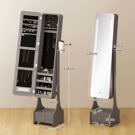 HOMCOM Armário de Joias com Espelho e Luzes LED, Suporte para Secador, Espelho de Corpo Inteiro sem Moldura com Ângulo Ajustável, Gaveta, Interruptor Tátil e Luzes com Desligamento Automático, Cinzento