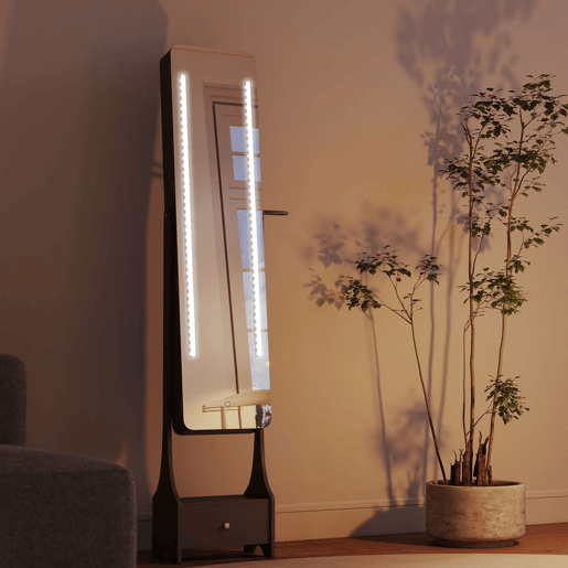 HOMCOM Armário de Joias com Espelho e Luzes LED, Suporte para Secador, Espelho de Corpo Inteiro sem Moldura com Ângulo Ajustável, Gaveta, Interruptor Tátil e Luzes com Desligamento Automático, Cinzento