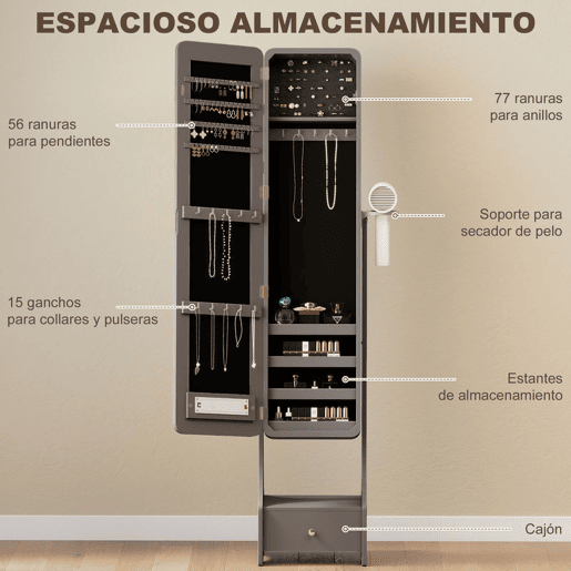 HOMCOM Armário de Joias com Espelho e Luzes LED, Suporte para Secador, Espelho de Corpo Inteiro sem Moldura com Ângulo Ajustável, Gaveta, Interruptor Tátil e Luzes com Desligamento Automático, Cinzento