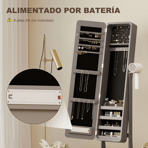 HOMCOM Armário de Joias com Espelho e Luzes LED, Suporte para Secador, Espelho de Corpo Inteiro sem Moldura com Ângulo Ajustável, Gaveta, Interruptor Tátil e Luzes com Desligamento Automático, Cinzento