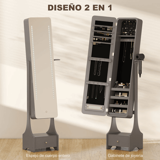 HOMCOM Armário de Joias com Espelho e Luzes LED, Suporte para Secador, Espelho de Corpo Inteiro sem Moldura com Ângulo Ajustável, Gaveta, Interruptor Tátil e Luzes com Desligamento Automático, Cinzento