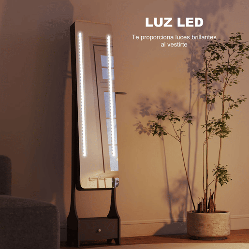 HOMCOM Armário de Joias com Espelho e Luzes LED, Suporte para Secador, Espelho de Corpo Inteiro sem Moldura com Ângulo Ajustável, Gaveta, Interruptor Tátil e Luzes com Desligamento Automático, Cinzento