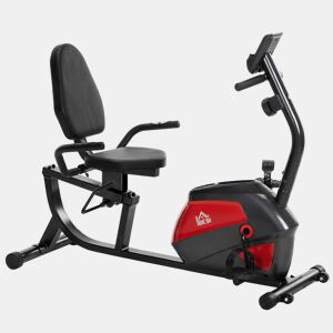 HOMCOM Bicicleta Estática com Encosto 8 Níveis de Resistência Magnética Bicicleta Estática para Casa com Volante Assento Ajustável Monitor LCD Pulsómetro Suporte de Telemóvel e Rodas Vermelho