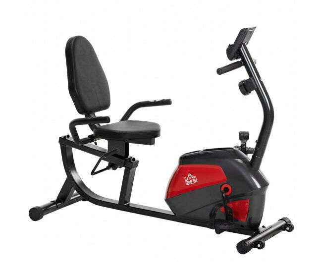 Homcom bicicleta estática con respaldo, 8 niveles resistencia magnética, bicicleta estática para casa, con volante, asiento ajustable, monitor lcd, pulsómetro, soporte de teléfono y ruedas, rojo