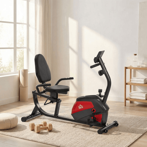 HOMCOM Bicicleta Estática com Encosto 8 Níveis de Resistência Magnética Bicicleta Estática para Casa com Volante Assento Ajustável Monitor LCD Pulsómetro Suporte de Telemóvel e Rodas Vermelho
