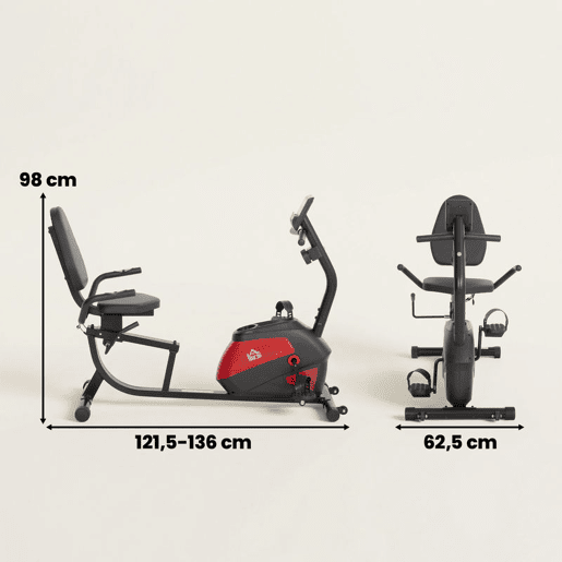 HOMCOM Bicicleta Estática com Encosto 8 Níveis de Resistência Magnética Bicicleta Estática para Casa com Volante Assento Ajustável Monitor LCD Pulsómetro Suporte de Telemóvel e Rodas Vermelho