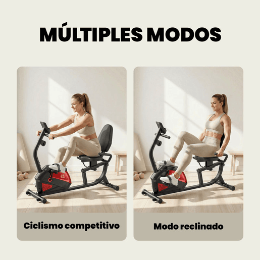 HOMCOM Bicicleta Estática com Encosto 8 Níveis de Resistência Magnética Bicicleta Estática para Casa com Volante Assento Ajustável Monitor LCD Pulsómetro Suporte de Telemóvel e Rodas Vermelho