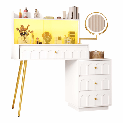 Penteadeira 112x40x116 cm - com espelho LED giratório e 4 gavetas amplas - Branco