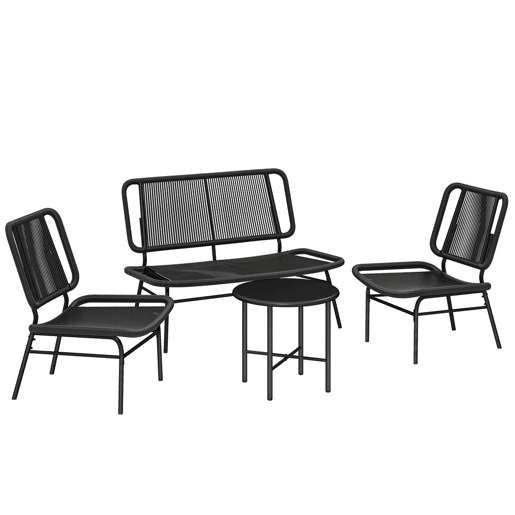Outsunny Conjunto de Jardim Exterior de Rattan Resistente às Intempéries Móveis de Jardim 4 Peças Inclui Sofá de 2 Lugares 2 Poltronas Mesa de Centro com Tampo Metálico Preto