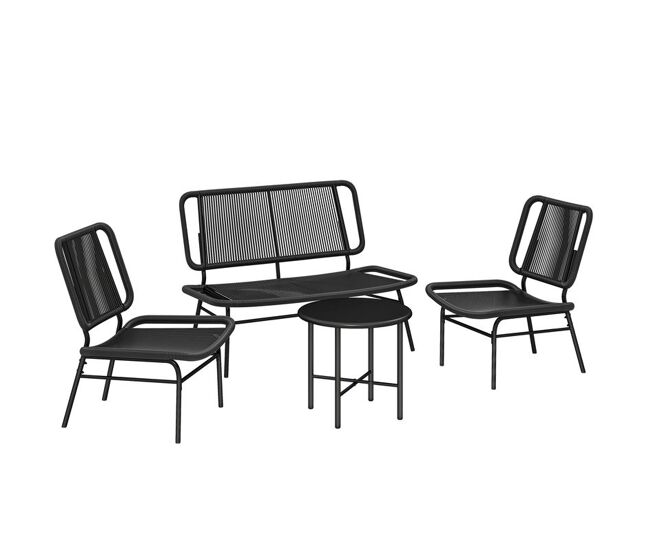 Outsunny conjunto de jardín exterior de ratán, conjunto terraza resistente a la intemperie, muebles jardín exterior 4 piezas incluye sofá de 2 plazas, 2 sillas, mesa de centro con tapa metálica, negro