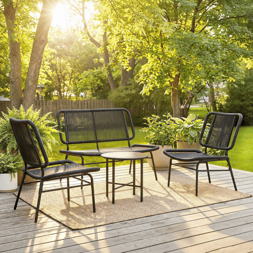 Outsunny Conjunto de Jardim Exterior de Rattan Resistente às Intempéries Móveis de Jardim 4 Peças Inclui Sofá de 2 Lugares 2 Poltronas Mesa de Centro com Tampo Metálico Preto