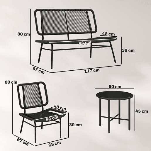 Outsunny Conjunto de Jardim Exterior de Rattan Resistente às Intempéries Móveis de Jardim 4 Peças Inclui Sofá de 2 Lugares 2 Poltronas Mesa de Centro com Tampo Metálico Preto
