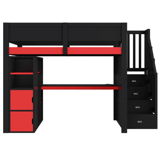 Cama alta para jogos 140x200 - secretária, arrumação, LED, USB - preto e vermelho