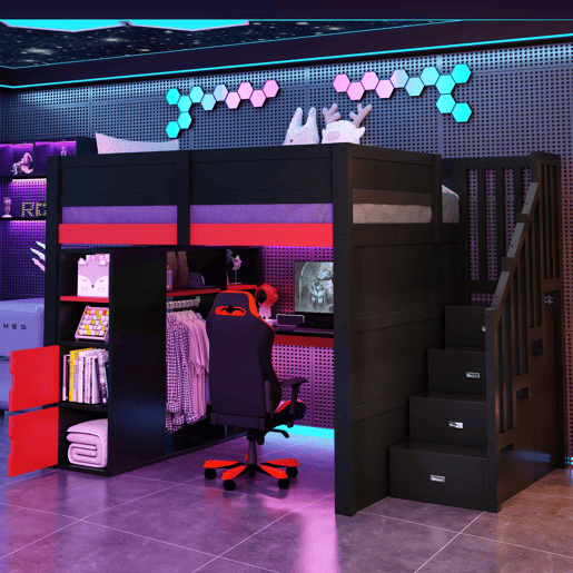 Cama alta para jogos 140x200 - secretária, arrumação, LED, USB - preto e vermelho