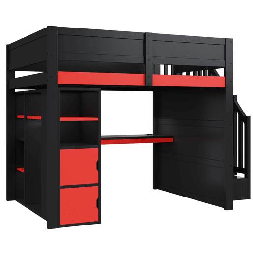 Cama alta para jogos 140x200 - secretária, arrumação, LED, USB - preto e vermelho